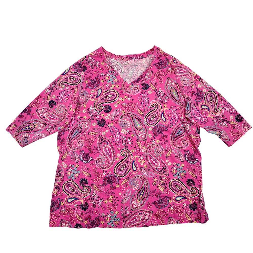 Woman Within T-Shirt Women 1X Pink Paisley Floral V-Neck Cotton Blend 07-0844-6